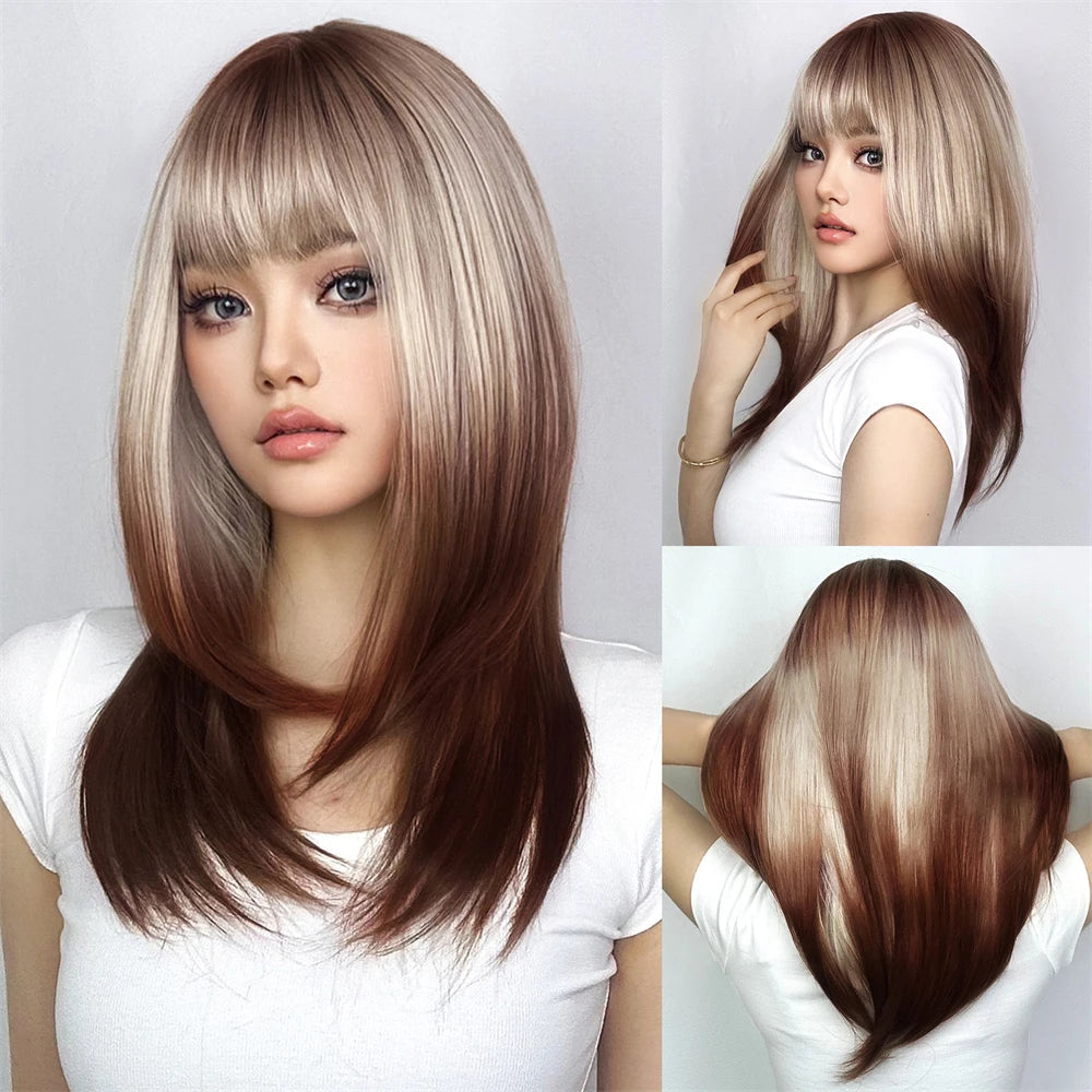 Wig full head cover, pink gradient dark brown wig, straight hair wig with bangs, suitable for women's daily role-playing,