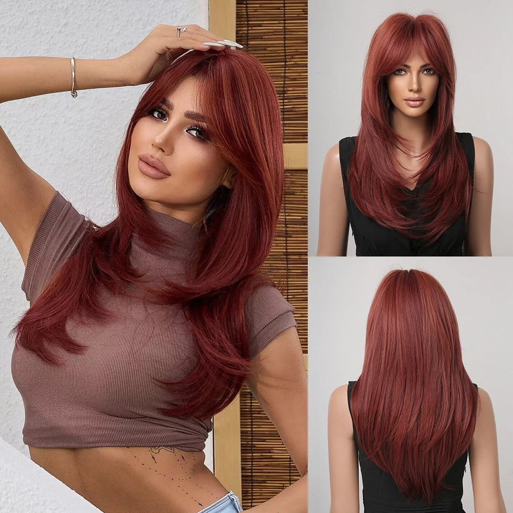 Wig full head cover, pink gradient dark brown wig, straight hair wig with bangs, suitable for women's daily role-playing,