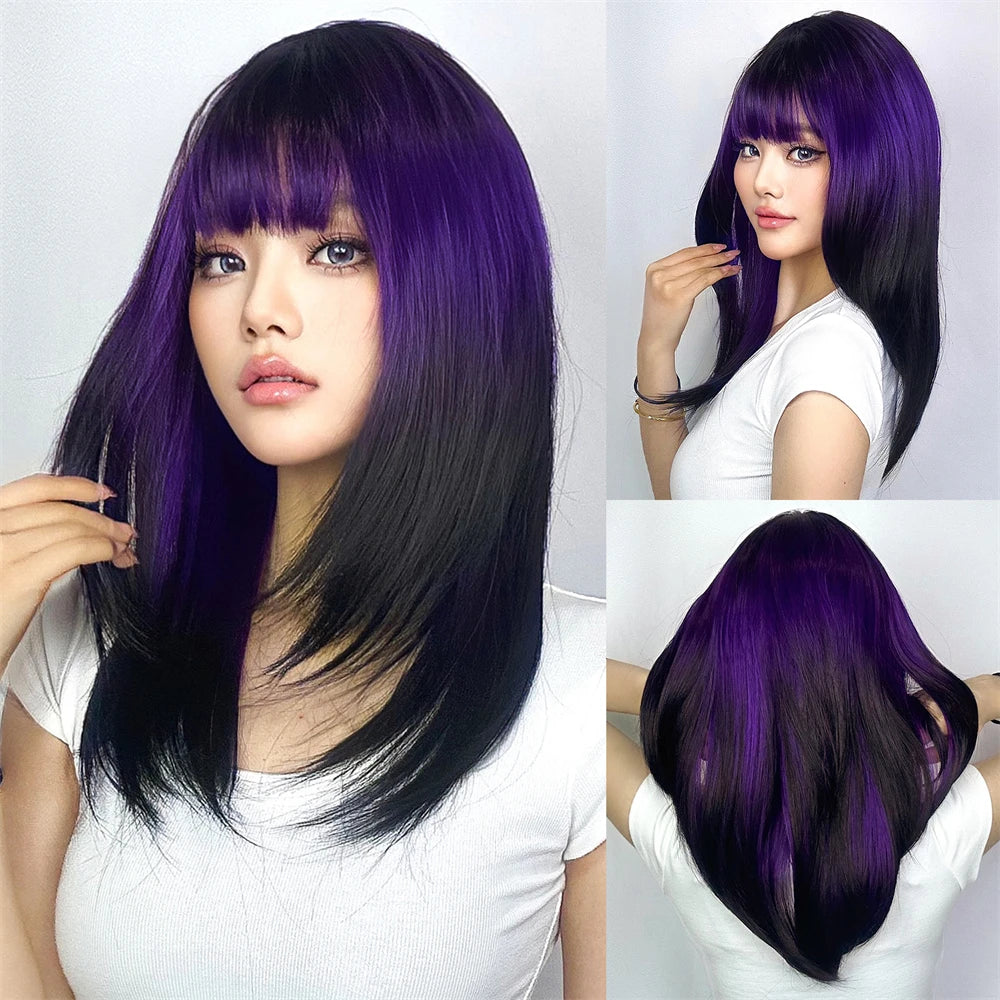 Wig full head cover, pink gradient dark brown wig, straight hair wig with bangs, suitable for women's daily role-playing,