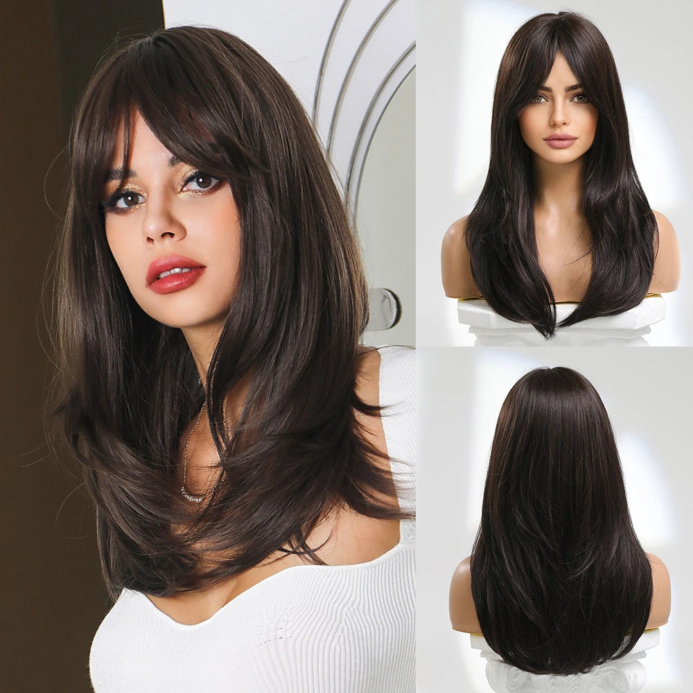 Wig full head cover, pink gradient dark brown wig, straight hair wig with bangs, suitable for women's daily role-playing,